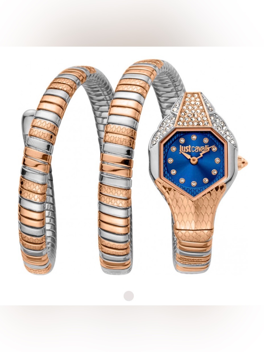Just Cavalli Two-Tone Gold & Silver Snake Wrap Watch with Blue Dial